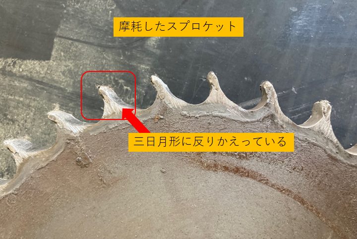 三日月形に摩耗したスプロケット
