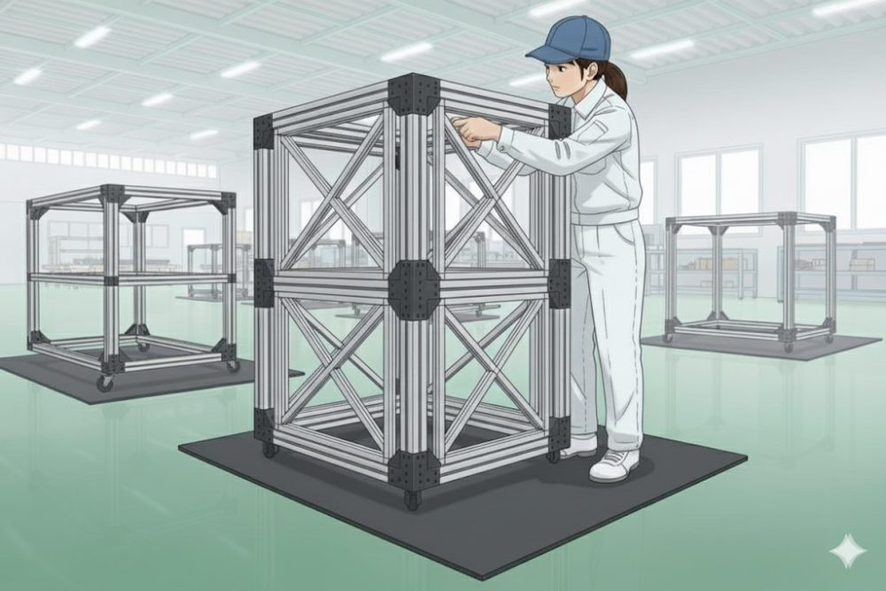 アルミフレームを組立てている作業者